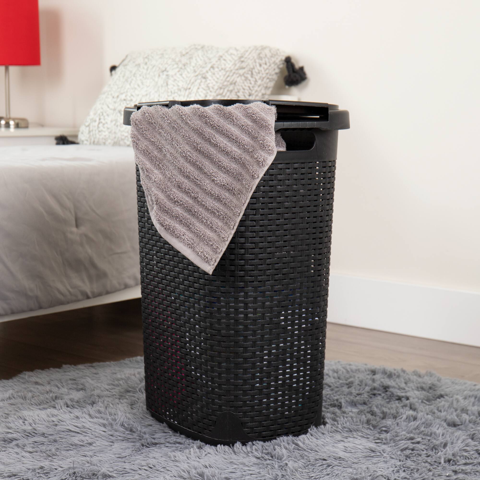 Mind Reader 60L Ventilated Slim Laundry Hamper with Cut Out Handles & Attached Hinged Lid